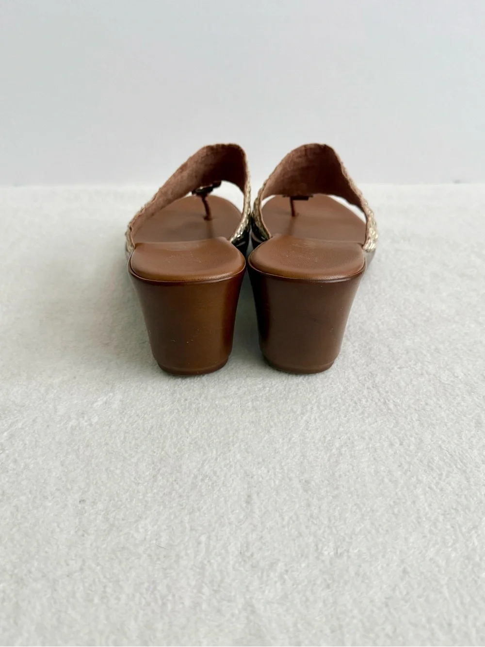 Italian Shoemakers Brown Wedge Thong Sandals with Metallic Braided Strap